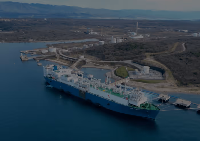 Aerial view of an industrial facility with multiple large white storage tanks near a body of water and green land.