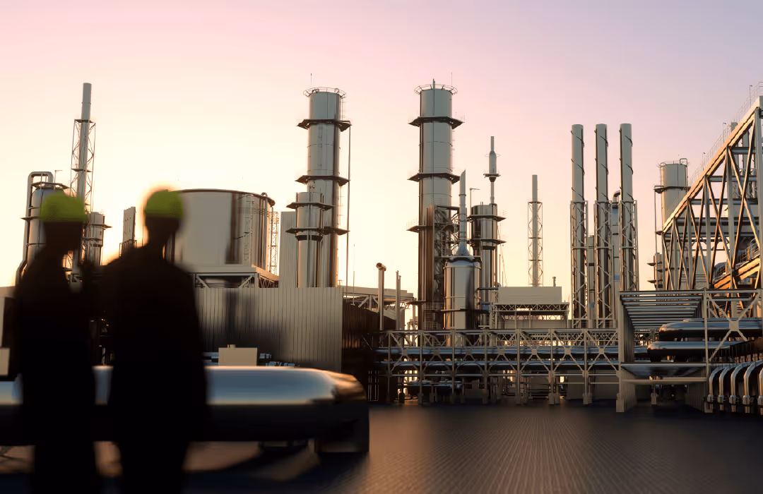 Industrial plant with large metal tanks and pipes at sunset, silhouette of two workers wearing safety helmets in the foreground.