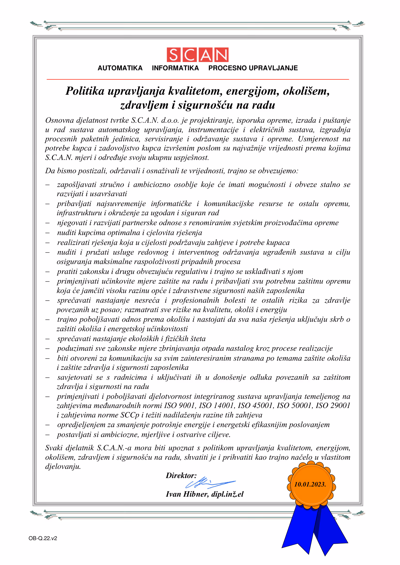 Document titled 'SCAN' with a policy statement in Croatian and a seal with blue ribbons at the bottom right.