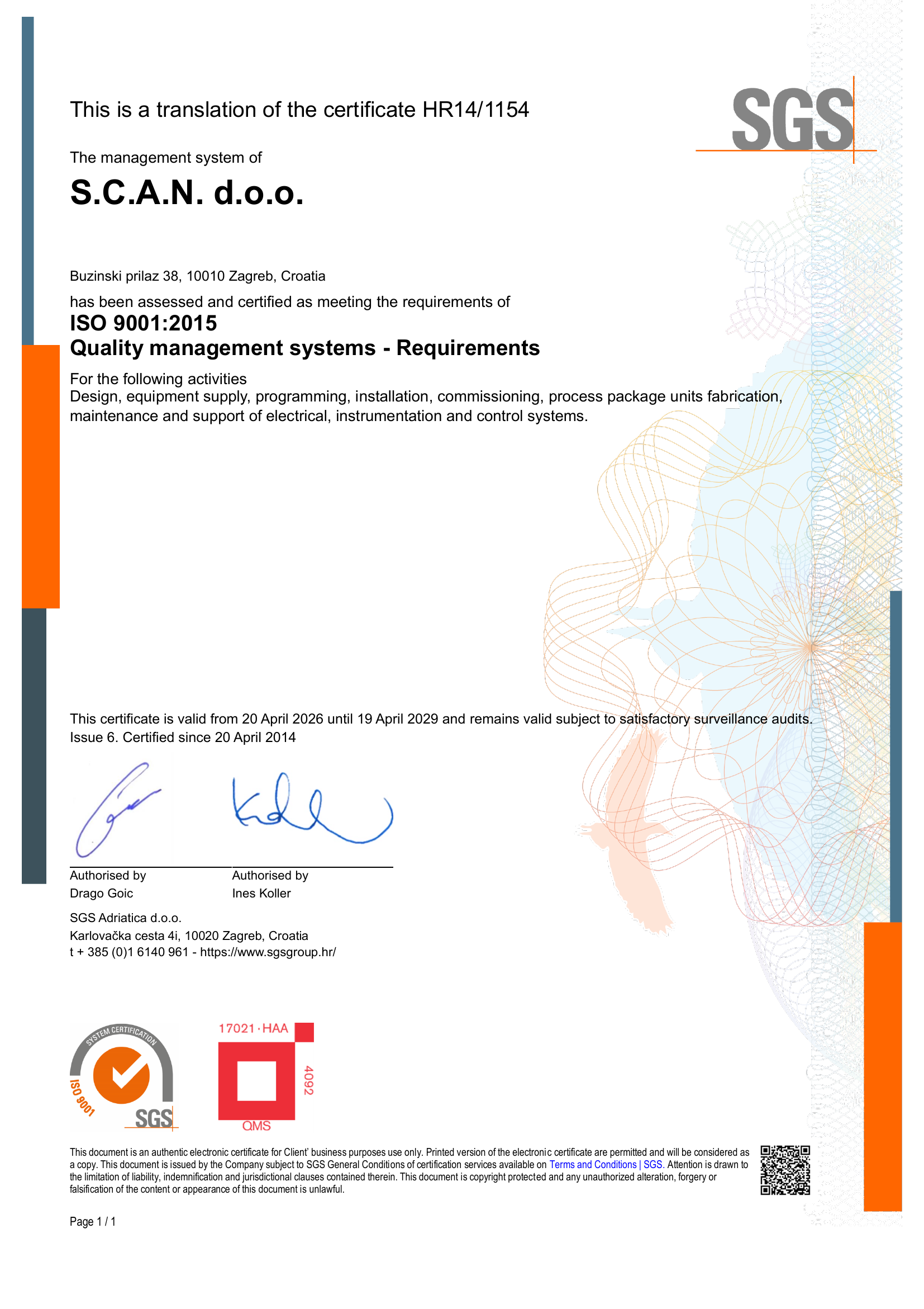 ISO 9001:2015 certification document issued to S.C.A.N. d.o.o. by SGS, showing compliance with quality management standards.