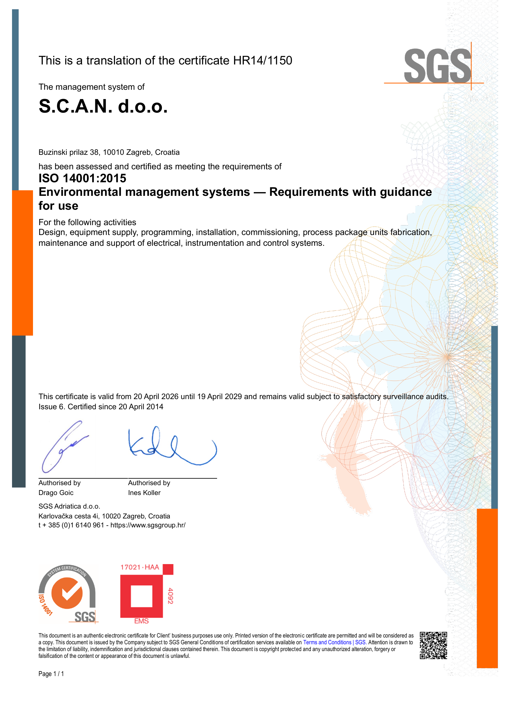 ISO 14001:2015 certification document issued to S.C.A.N. d.o.o. by SGS, showing compliance with quality management standards.