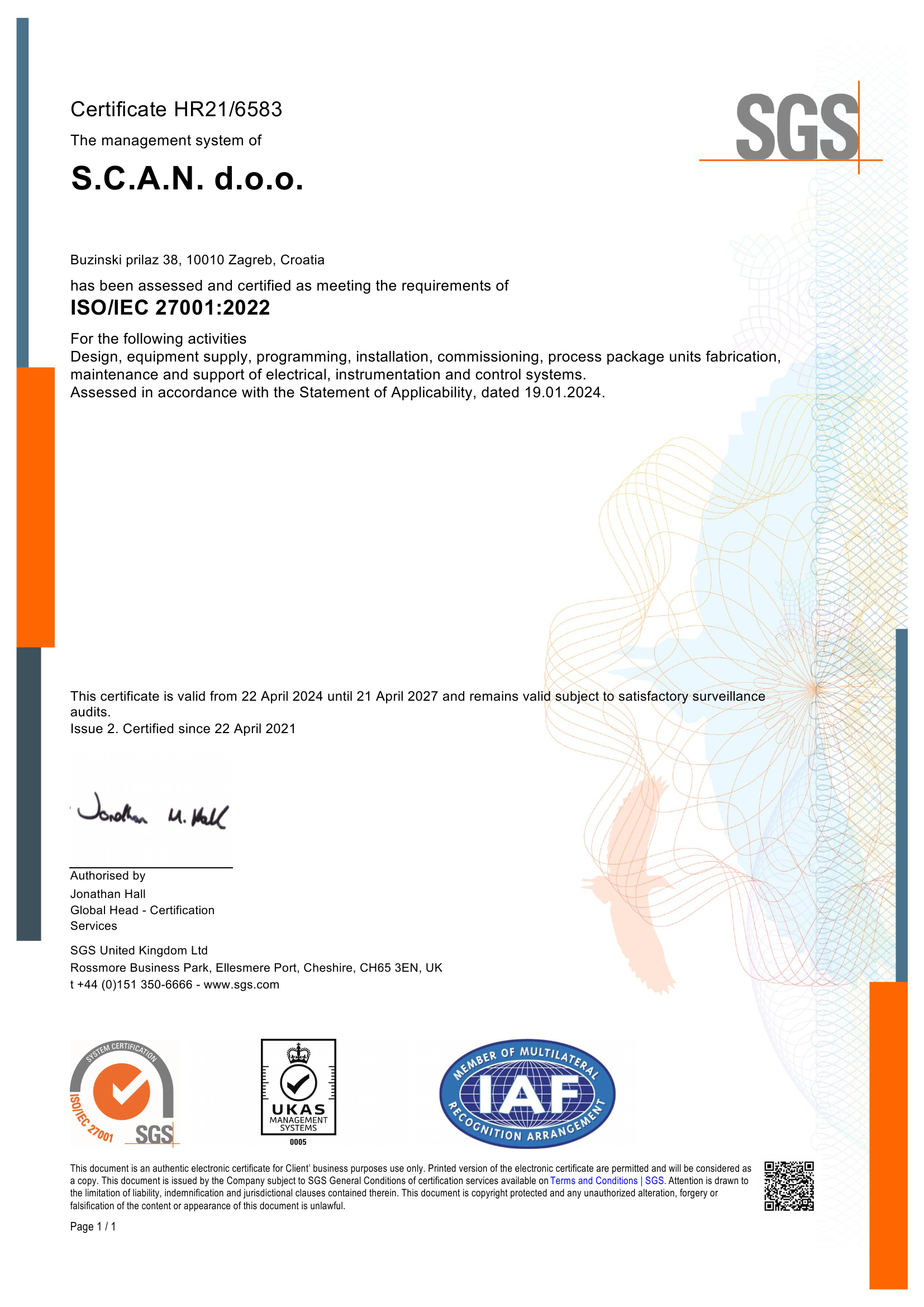 ISO 27001 certification certificate issued to S.C.A.N. d.o.o. by SGS for information security management system compliance.