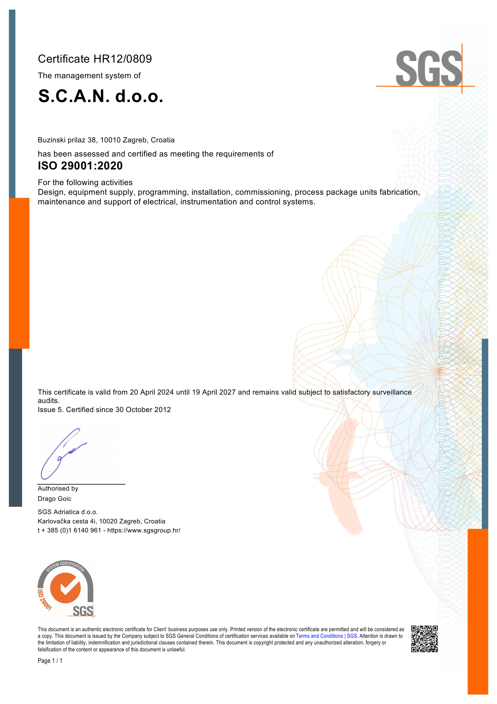 ISO 29001 certification document for S.C.A.N. d.o.o. issued by SGS.