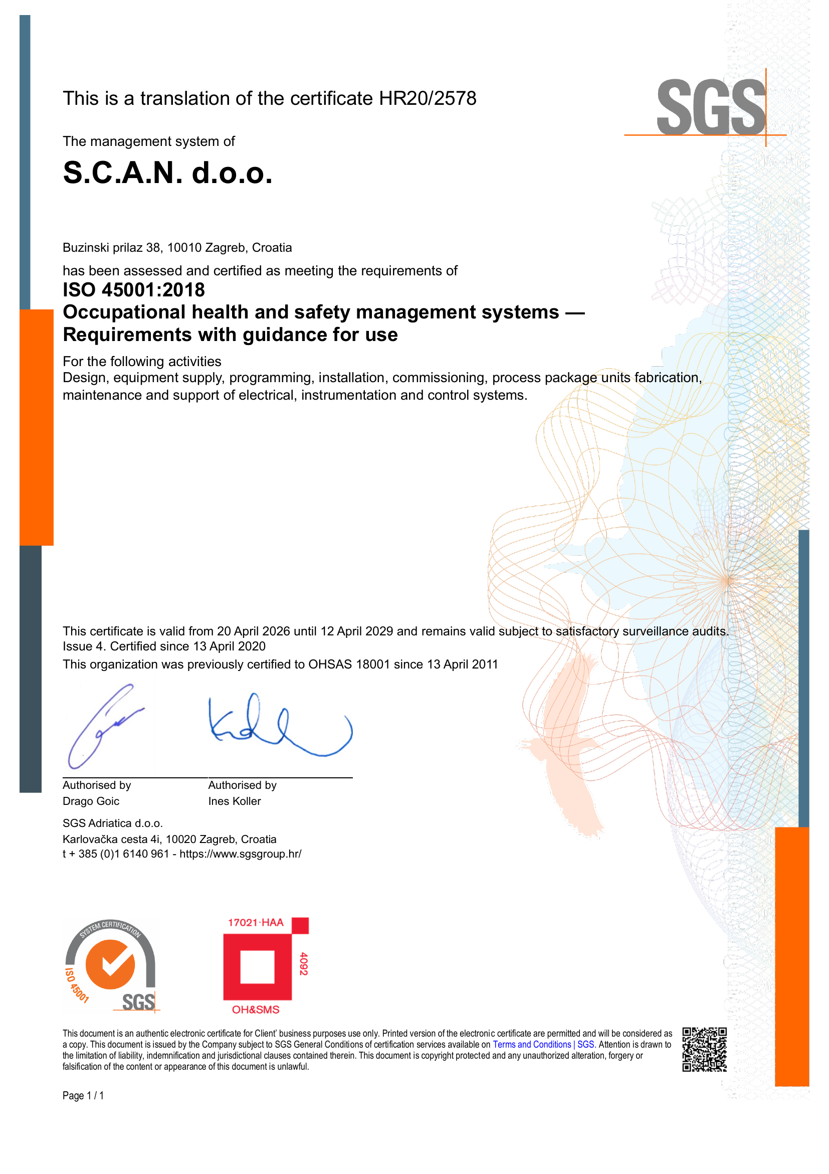 ISO 45001:2018 certification document issued to S.C.A.N. d.o.o. by SGS for occupational health and safety management systems.
