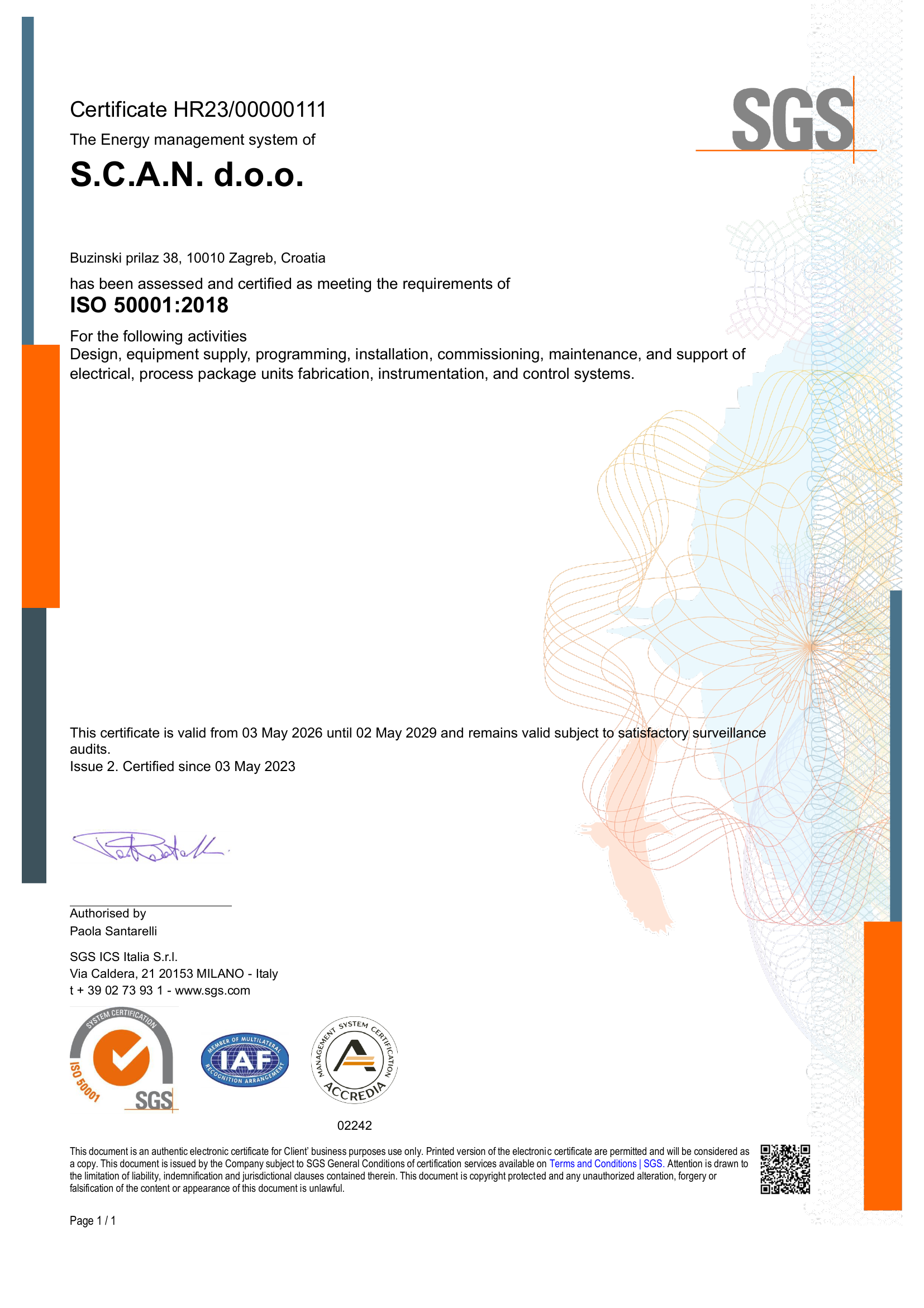 ISO 50001:2018 certification document issued by SGS to company S.C.A.N. d.o.o.