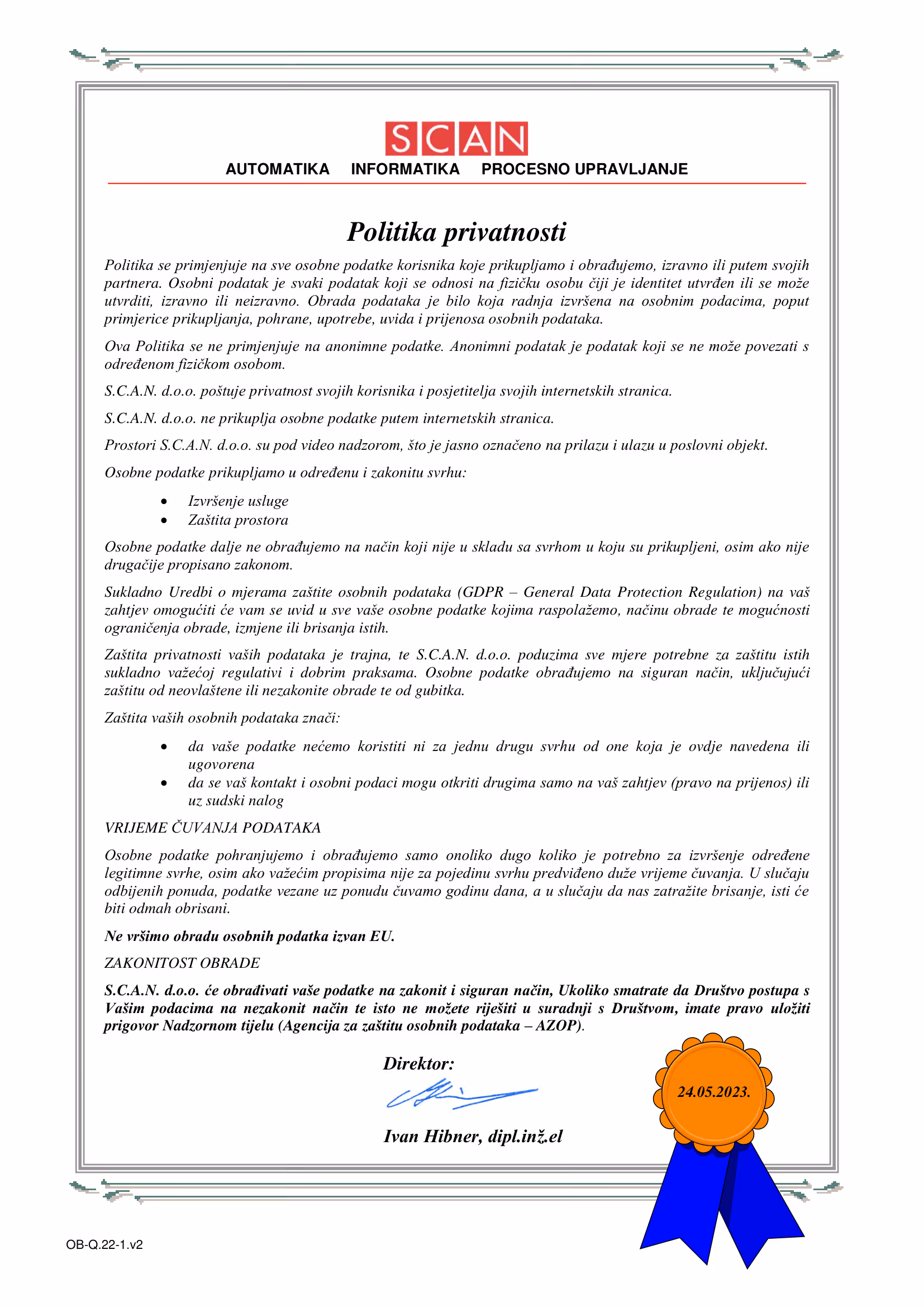 Document titled 'SCAN' with text about privacy policy and a ribbon seal at the bottom right corner.