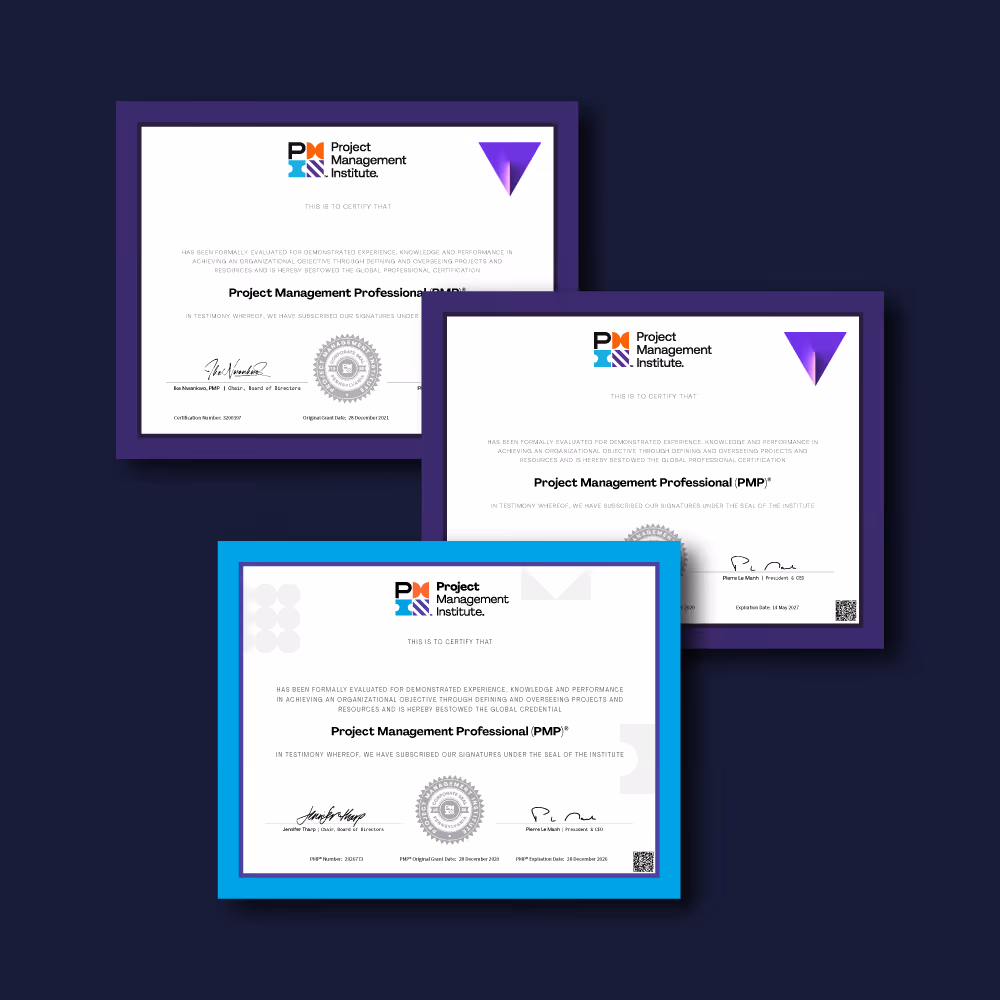 Three Project Management Institute PMP certificates for Albin Bernatović, Philip Gabriel Kirinčić, and Sven Kos with distinct colored borders.